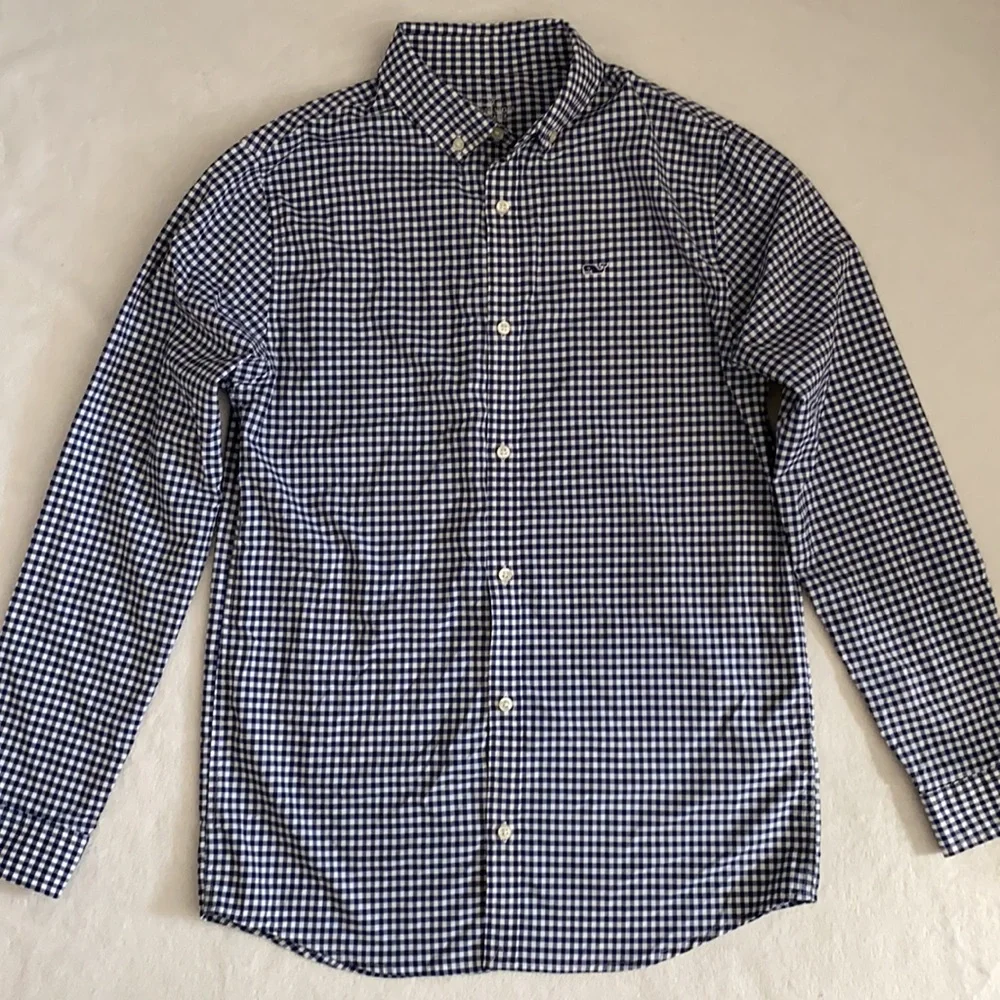 Vineyard Vines | Performance Gingham Button Down Nylon Whale Shirt Blue (L/16) - Picture 2 of 16